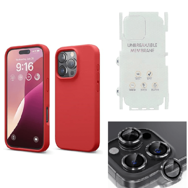 Silicone Bumper Case for iPhone 16 Pro (Red) | Camera Lens (Black) | Matte Finish Back Membrane screen Guard (Pack Of 3) Combo