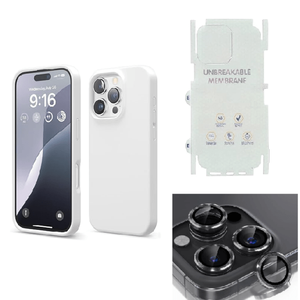Silicone Bumper Case for iPhone 16 Pro (White) | Camera Lens (Black) | Matte Finish Back Membrane screen Guard (Pack Of 3) Combo