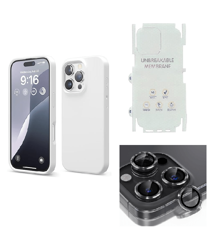 Silicone Bumper Case for iPhone 16 Pro (White) | Camera Lens (Black) | Matte Finish Back Membrane screen Guard (Pack Of 3) Combo