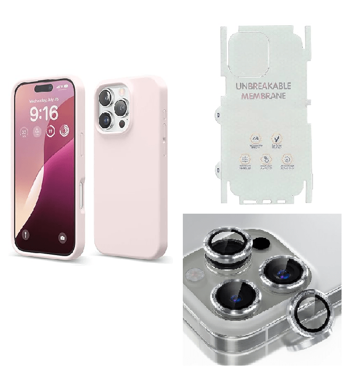 Silicone Bumper Case for iPhone 16 Pro Max (Pink) | Camera Lens (White) | Matte Finish Back Membrane screen Guard (Pack Of 3) Combo