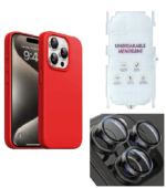 Silicone Bumper Case for iPhone 15 Pro (Red) | Camera Lens (Black) | Matte Finish Back Membrane screen Guard (Pack Of 3) Combo