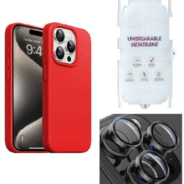 Silicone Bumper Case for iPhone 15 Pro (Red) | Camera Lens (Black) | Matte Finish Back Membrane screen Guard (Pack Of 3) Combo