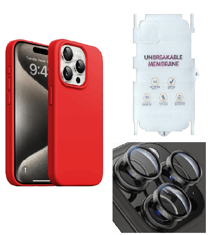 Silicone Bumper Case for iPhone 15 Pro (Red) | Camera Lens (Black) | Matte Finish Back Membrane screen Guard (Pack Of 3) Combo