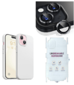 Silicone Bumper Case for iPhone 15 Plus (White) | Camera Lens (Black) | Matte Finish Back Membrane screen Guard (Pack Of 3) Combo
