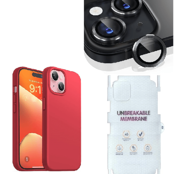 Silicone Bumper Case for iPhone 15 Plus (Red) | Camera Lens (Black) | Matte Finish Back Membrane screen Guard (Pack Of 3) Combo