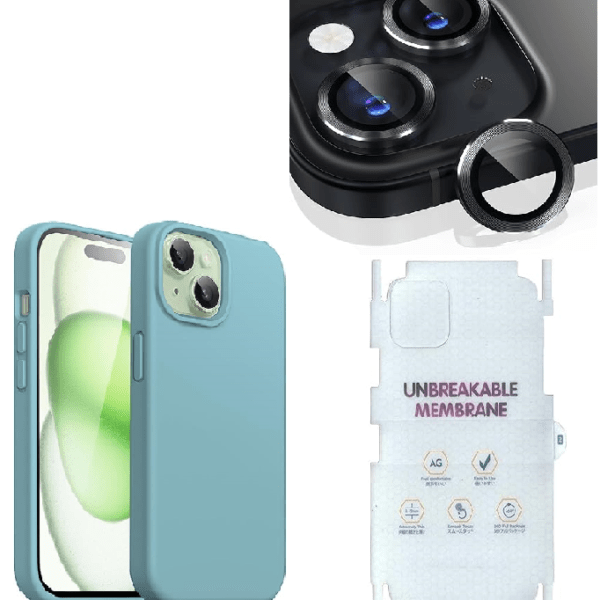 Silicone Bumper Case for iPhone 15 Plus (Pine Green) | Camera Lens (Black) | Matte Finish Back Membrane screen Guard (Pack Of 3) Combo