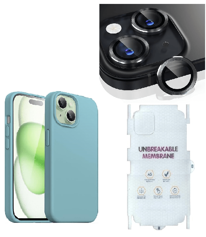 Silicone Bumper Case for iPhone 15 Plus (Pine Green) | Camera Lens (Black) | Matte Finish Back Membrane screen Guard (Pack Of 3) Combo