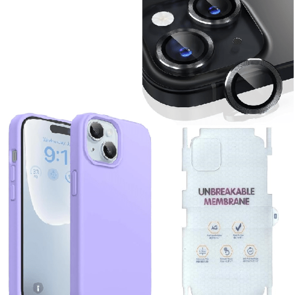 Silicone Bumper Case for iPhone 15 Plus (Purple) | Camera Lens (Black) | Matte Finish Back Membrane screen Guard (Pack Of 3) Combo