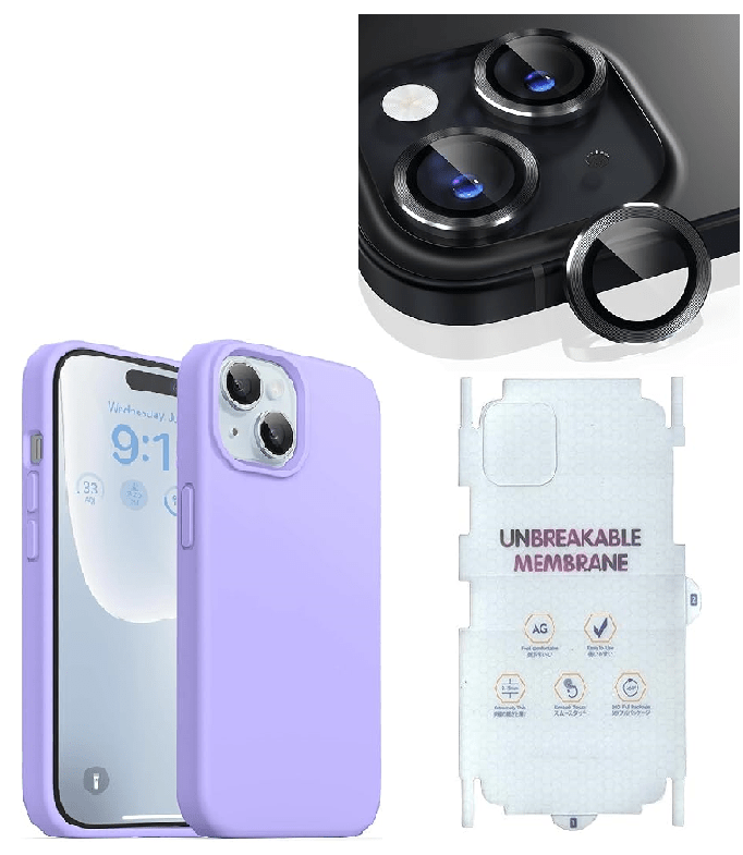 Silicone Bumper Case for iPhone 15 Plus (Purple) | Camera Lens (Black) | Matte Finish Back Membrane screen Guard (Pack Of 3) Combo