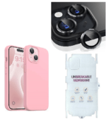Silicone Bumper Case for iPhone 15 Plus (Pink) | Camera Lens (Black) | Matte Finish Back Membrane screen Guard (Pack Of 3) Combo