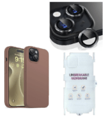 Silicone Bumper Case for iPhone 15 Plus (Brown) | Camera Lens (Black) | Matte Finish Back Membrane screen Guard (Pack Of 3) Combo
