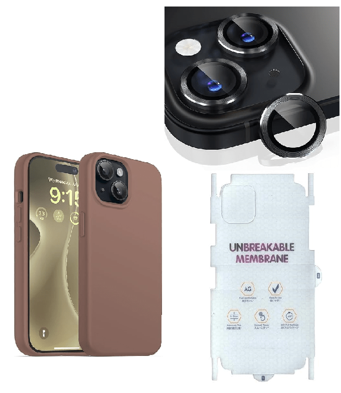 Silicone Bumper Case for iPhone 15 Plus (Brown) | Camera Lens (Black) | Matte Finish Back Membrane screen Guard (Pack Of 3) Combo