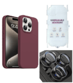 Silicone Bumper Case for iPhone 15 Pro (Wine Red) | Camera Lens (Black) | Matte Finish Back Membrane screen Guard (Pack Of 3) Combo