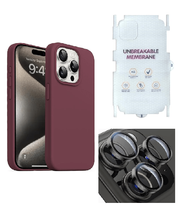 Silicone Bumper Case for iPhone 15 Pro Max (Wine Red) | Camera Lens (Black) | Matte Finish Back Membrane screen Guard (Pack Of 3) Combo