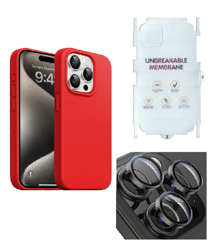 Silicone Bumper Case for iPhone 15 Pro Max (Red) | Camera Lens (Black) | Matte Finish Back Membrane screen Guard (Pack Of 3) Combo