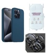 Silicone Bumper Case for iPhone 15 Pro Max (Blue) | Camera Lens (Black) | Matte Finish Back Membrane screen Guard (Pack Of 3) Combo