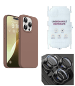 Silicone Bumper Case for iPhone 15 Pro Max (Brown) | Camera Lens (Black) | Matte Finish Back Membrane screen Guard (Pack Of 3) Combo