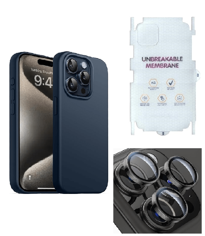 Silicone Bumper Case for iPhone 15 Pro Max (Blue) | Camera Lens (Black) | Matte Finish Back Membrane screen Guard (Pack Of 3) Combo