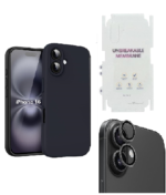 Silicone Bumper Case for iPhone 16 (Black) | Camera Lens (Black) | Matte Finish Back Membrane screen Guard (Pack Of 3) Combo