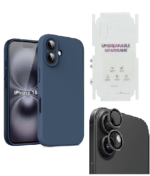 Silicone Bumper Case for iPhone 16 (Blue) | Camera Lens (Black) | Matte Finish Back Membrane screen Guard (Pack Of 3) Combo