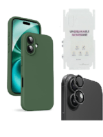 Silicone Bumper Case for iPhone 16 (Green) | Camera Lens (Black) | Matte Finish Back Membrane screen Guard (Pack Of 3) Combo