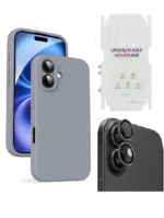 Silicone Bumper Case for iPhone 16 (Grey) | Camera Lens (Black) | Matte Finish Back Membrane screen Guard (Pack Of 3) Combo