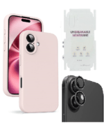 Silicone Bumper Case for iPhone 16 (Pink) | Camera Lens (Black) | Matte Finish Back Membrane screen Guard (Pack Of 3) Combo