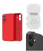 Silicone Bumper Case for iPhone 16 (Red) | Camera Lens (Black) | Matte Finish Back Membrane screen Guard (Pack Of 3) Combo