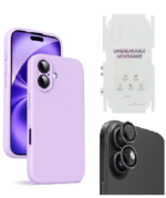 Silicone Bumper Case for iPhone 16 (Purple) | Camera Lens (Black) | Matte Finish Back Membrane screen Guard (Pack Of 3) Combo