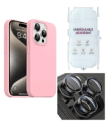 Silicone Bumper Case for iPhone 15 Pro (Pink) | Camera Lens (Black) | Matte Finish Back Membrane screen Guard (Pack Of 3) Combo