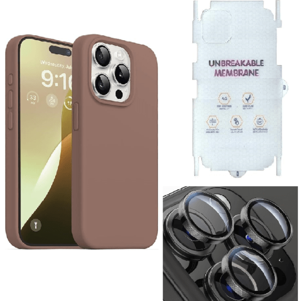 Silicone Bumper Case for iPhone 15 Pro (Brown) | Camera Lens (Black) | Matte Finish Back Membrane screen Guard (Pack Of 3) Combo