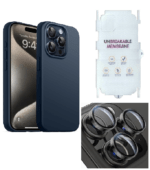 Silicone Bumper Case for iPhone 15 Pro (Blue) | Camera Lens (Black) | Matte Finish Back Membrane screen Guard (Pack Of 3) Combo