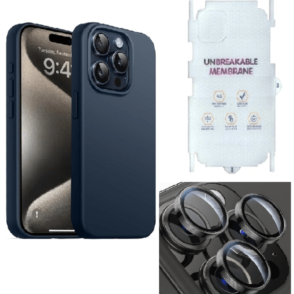 Silicone Bumper Case for iPhone 15 Pro (Blue) | Camera Lens (Black) | Matte Finish Back Membrane screen Guard (Pack Of 3) Combo