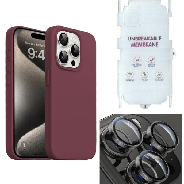 Silicone Bumper Case for iPhone 15 Pro (Wine Red) | Camera Lens (Black) | Matte Finish Back Membrane screen Guard (Pack Of 3) Combo