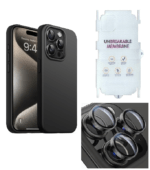 Silicone Bumper Case for iPhone 15 Pro (Black) | Camera Lens (Black) | Matte Finish Back Membrane screen Guard (Pack Of 3) Combo