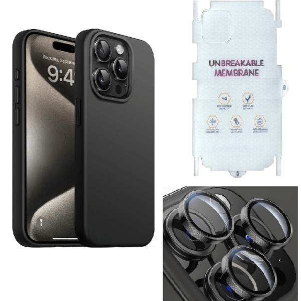 Silicone Bumper Case for iPhone 15 Pro (Black) | Camera Lens (Black) | Matte Finish Back Membrane screen Guard (Pack Of 3) Combo