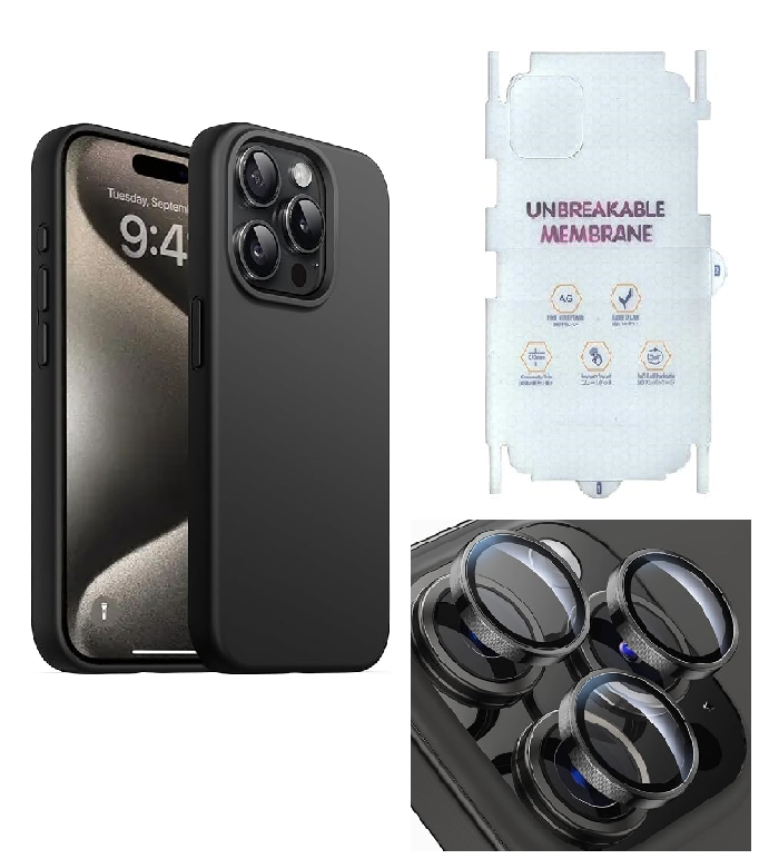 Silicone Bumper Case for iPhone 15 Pro (Black) | Camera Lens (Black) | Matte Finish Back Membrane screen Guard (Pack Of 3) Combo