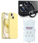 Silicone Bumper Case for iPhone 15 Plus (Yellow) | Camera Lens (Black) | Matte Finish Back Membrane screen Guard (Pack Of 3) Combo