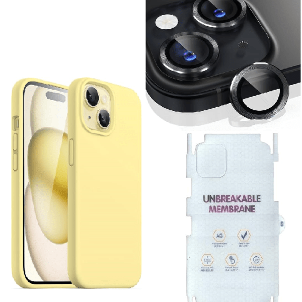 Silicone Bumper Case for iPhone 15 Plus (Yellow) | Camera Lens (Black) | Matte Finish Back Membrane screen Guard (Pack Of 3) Combo