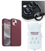 Silicone Bumper Case for iPhone 15 Plus (Wine Red) | Camera Lens (Black) | Matte Finish Back Membrane screen Guard (Pack Of 3) Combo