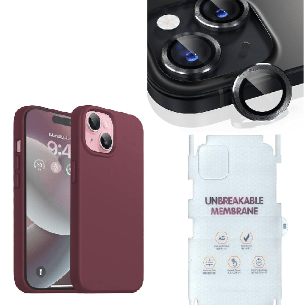 Silicone Bumper Case for iPhone 15 Plus (Wine Red) | Camera Lens (Black) | Matte Finish Back Membrane screen Guard (Pack Of 3) Combo