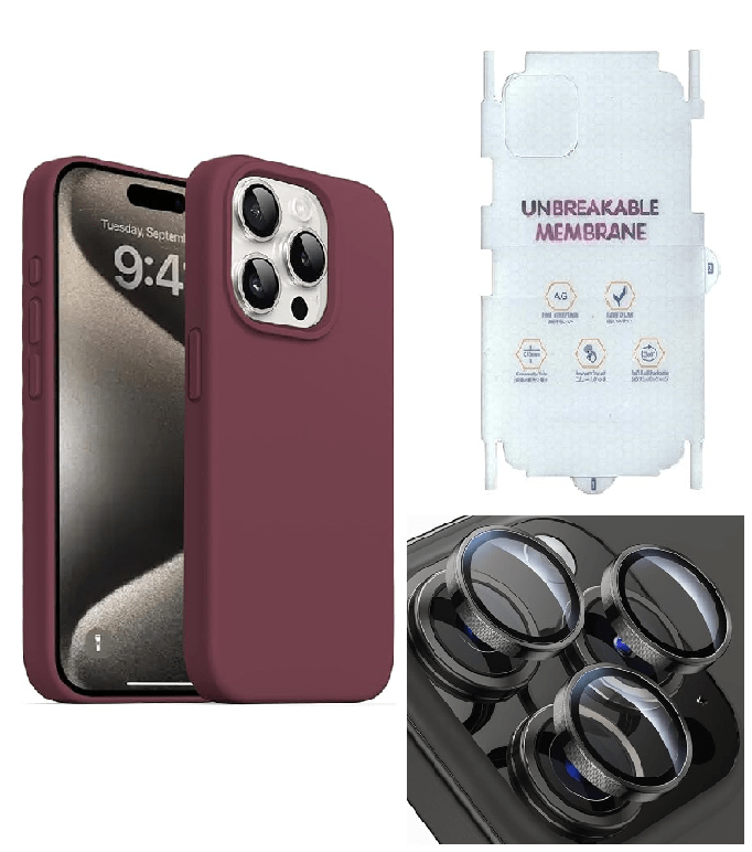 Silicone Bumper Case for iPhone 15 Pro (Wine Red) | Camera Lens (Black) | Matte Finish Back Membrane screen Guard (Pack Of 3) Combo