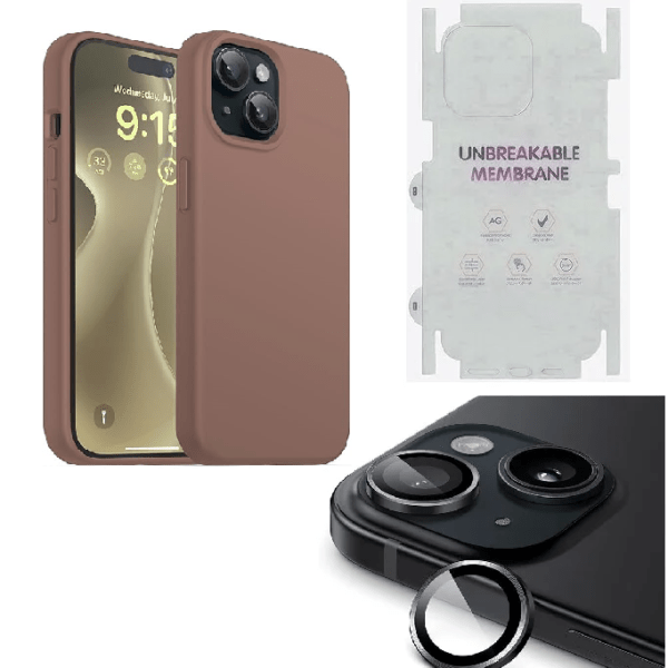Silicone Bumper Case for iPhone 15 (Brown) | Camera Lens (Black) | Matte Finish Back Membrane screen Guard (Pack Of 3) Combo