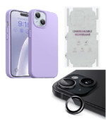Silicone Bumper Case for iPhone 15 (PURPLE) | Camera Lens (Black) | Matte Finish Back Membrane screen Guard (Pack Of 3) Combo