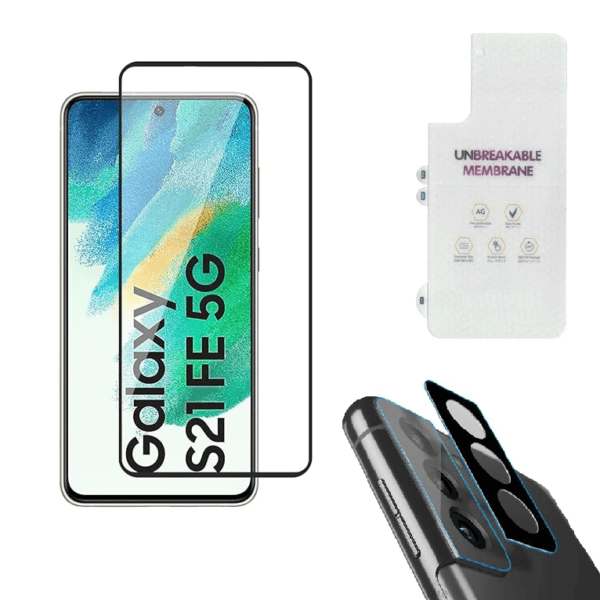 Samsung Galaxy S21 FE 5G Tempered glass | Camera Lens (Black) | Back Membrane (Pack Of 3) Combo