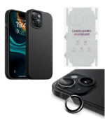 Silicone Bumper Case for iPhone 15 (Black) | Camera Lens (Black) | Matte Finish Back Membrane screen Guard (Pack Of 3) Combo