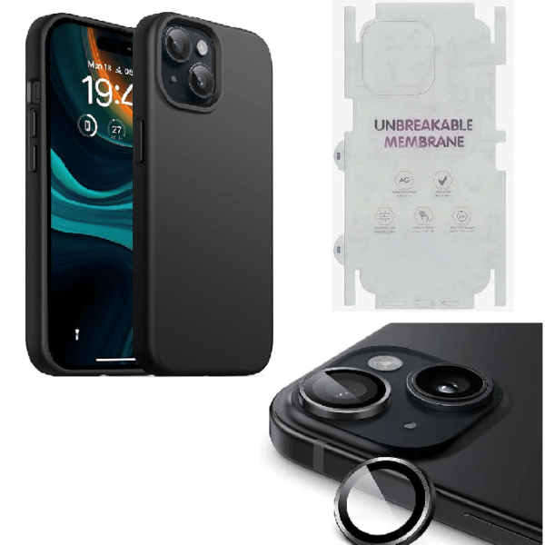 Silicone Bumper Case for iPhone 15 (Black) | Camera Lens (Black) | Matte Finish Back Membrane screen Guard (Pack Of 3) Combo
