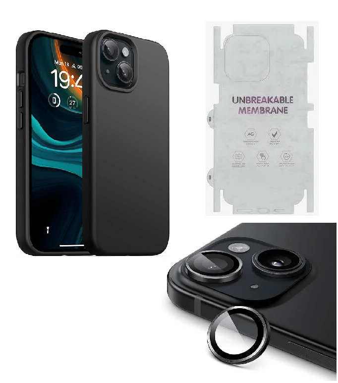 Silicone Bumper Case for iPhone 15 (Black) | Camera Lens (Black) | Matte Finish Back Membrane screen Guard (Pack Of 3) Combo