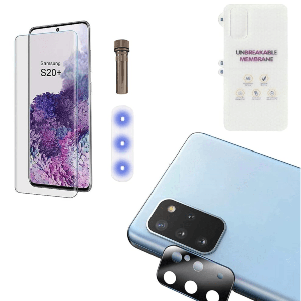 UV Tempered Glass For Samsung Galaxy S20 Plus | Camera Lens (Black) | Back Membrane (Pack Of 3) Combo