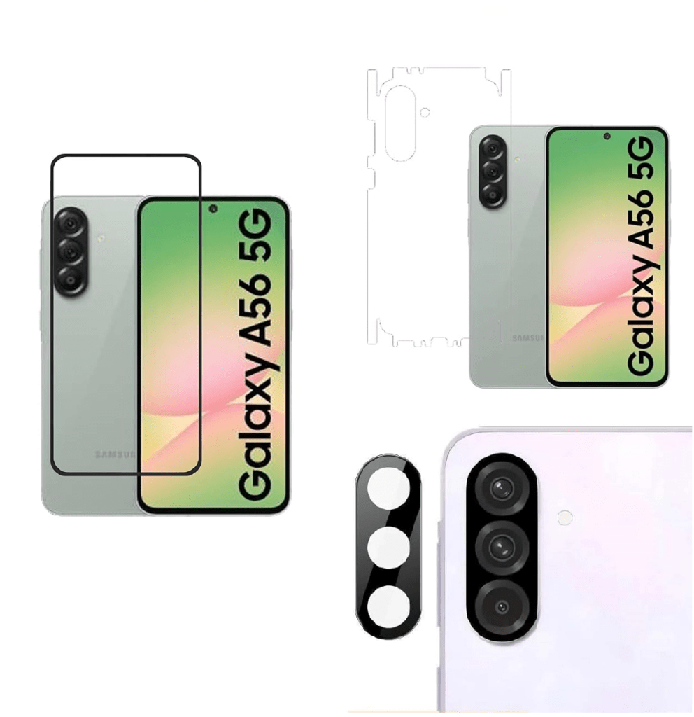 Tempered Glass for Samsung Galaxy A56 5G | Camera Lens (Black) | Back Membrane (Pack Of 3) Combo